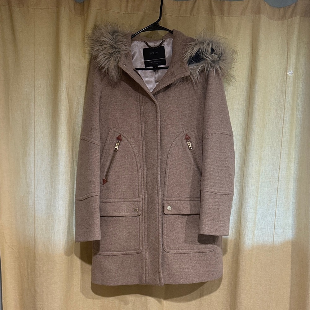 J Crew Tan Wool-Blend Coat with Faux Fur Hood
